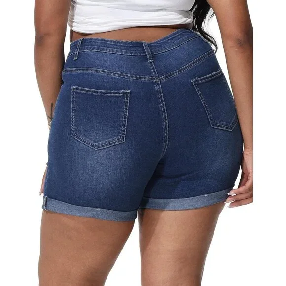 Plus Size Jean Shorts High Waisted Distressed Fold Hem Casual Denim